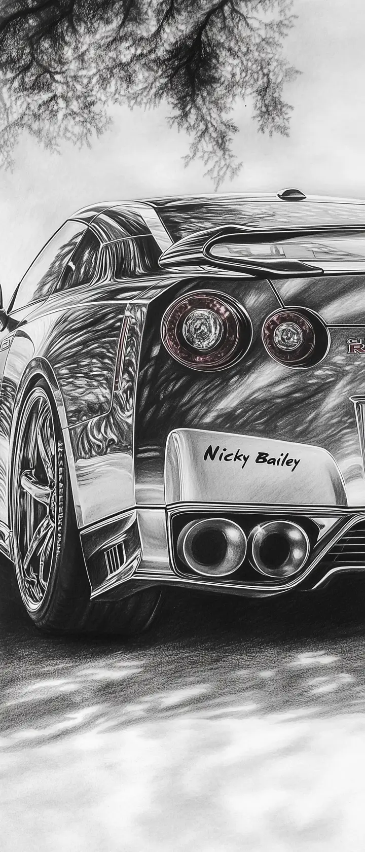 Detailed pencil sketch of a realistic Nissan sports car