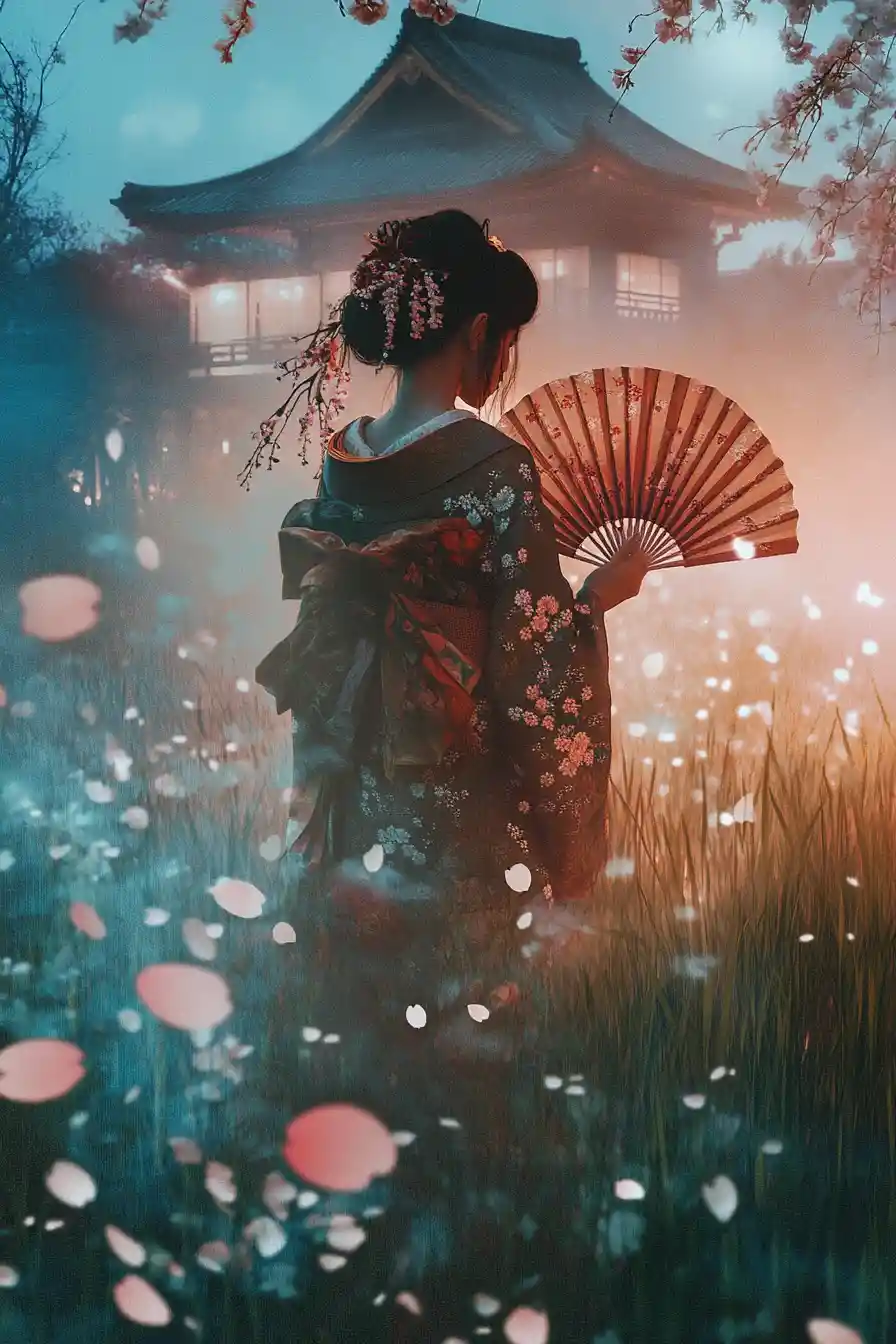 Mystical geisha with fan in glowing rice field at sunset