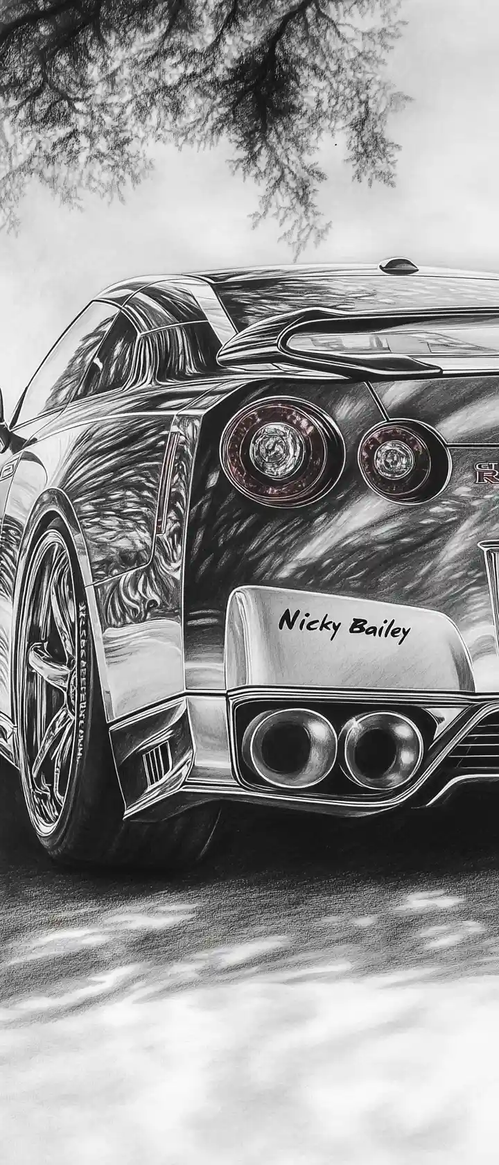 Boceto detallado a lápiz de un coche deportivo Nissan realista