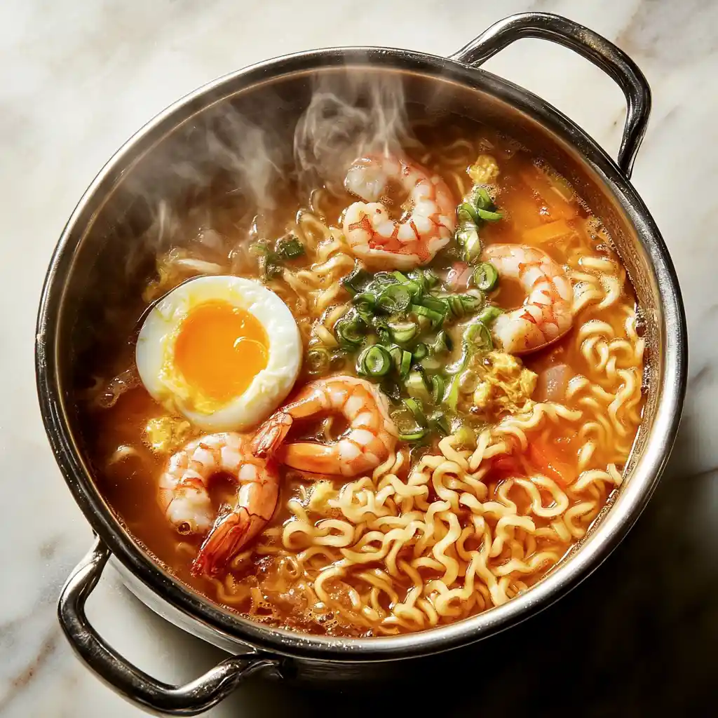 Steaming noodle soup in a metal pot with egg and shrimp
