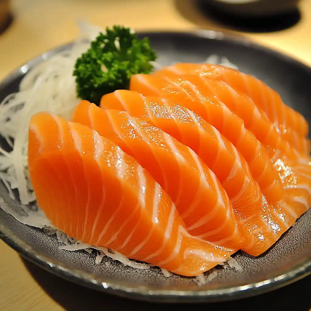 Fresh salmon sashimi slices with wasabi and daikon garnish