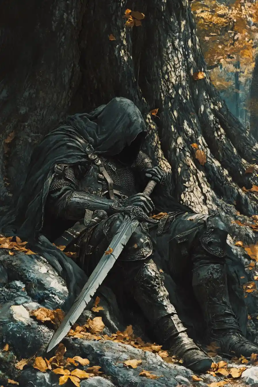 Wounded warrior resting beneath an ancient forest tree
