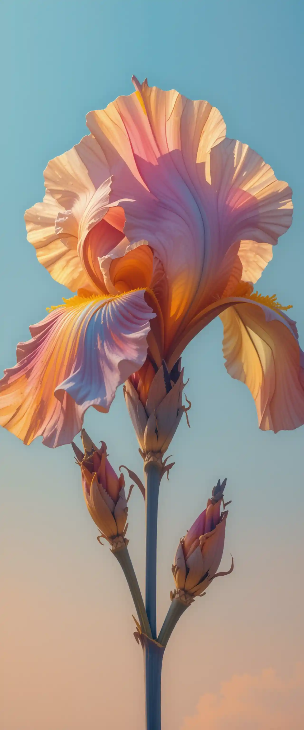 Prismatic Iris Flower Against Soft Light Blue Sky
