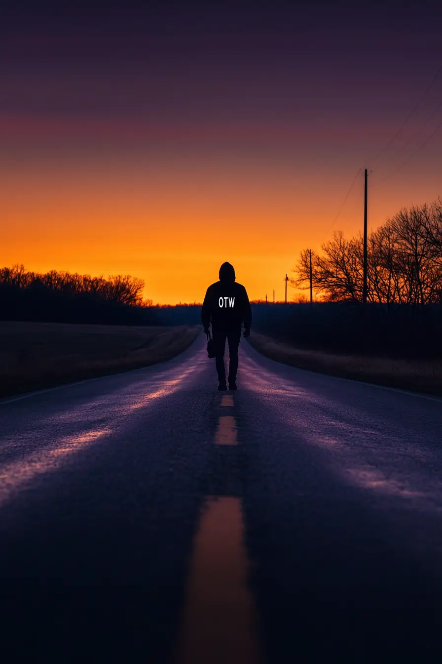 Lone traveler walking along an empty road at sunset