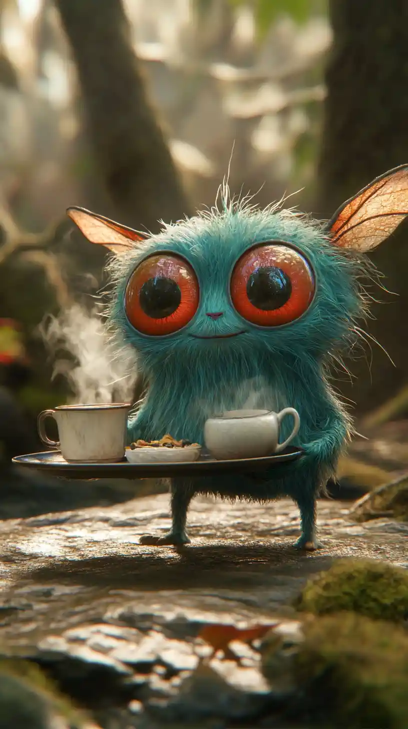 Mostro carino in stile Pixar che serve bevande calde fumanti