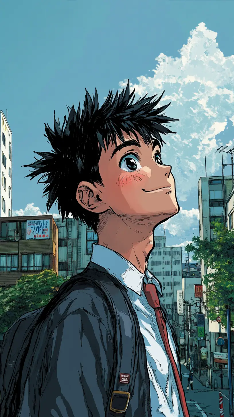 Determined Japanese student standing before city skyline