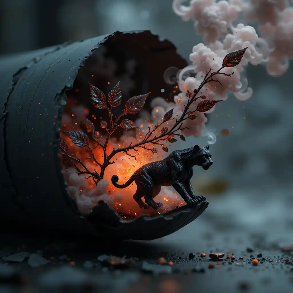 Fractal Smoke Panther Emerging From Black Paper