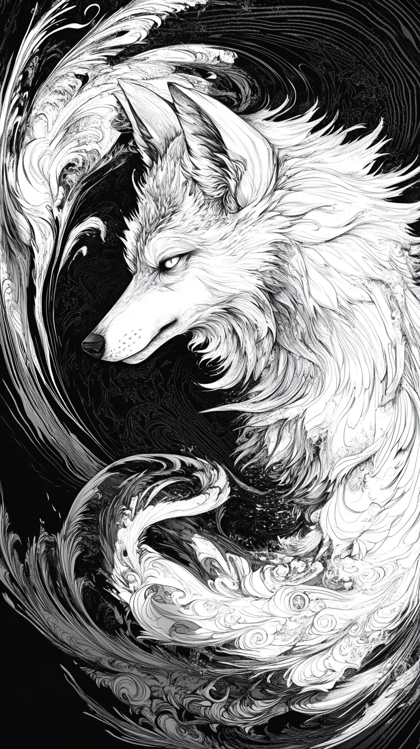 Anthropomorphic wolf in abstract yin yang energy vortex