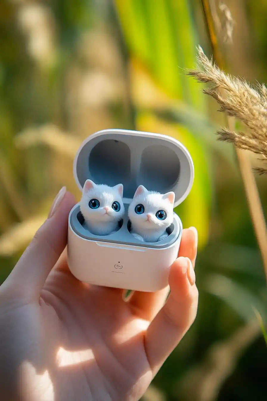 Person holding kitten themed wireless earbuds outdoors
