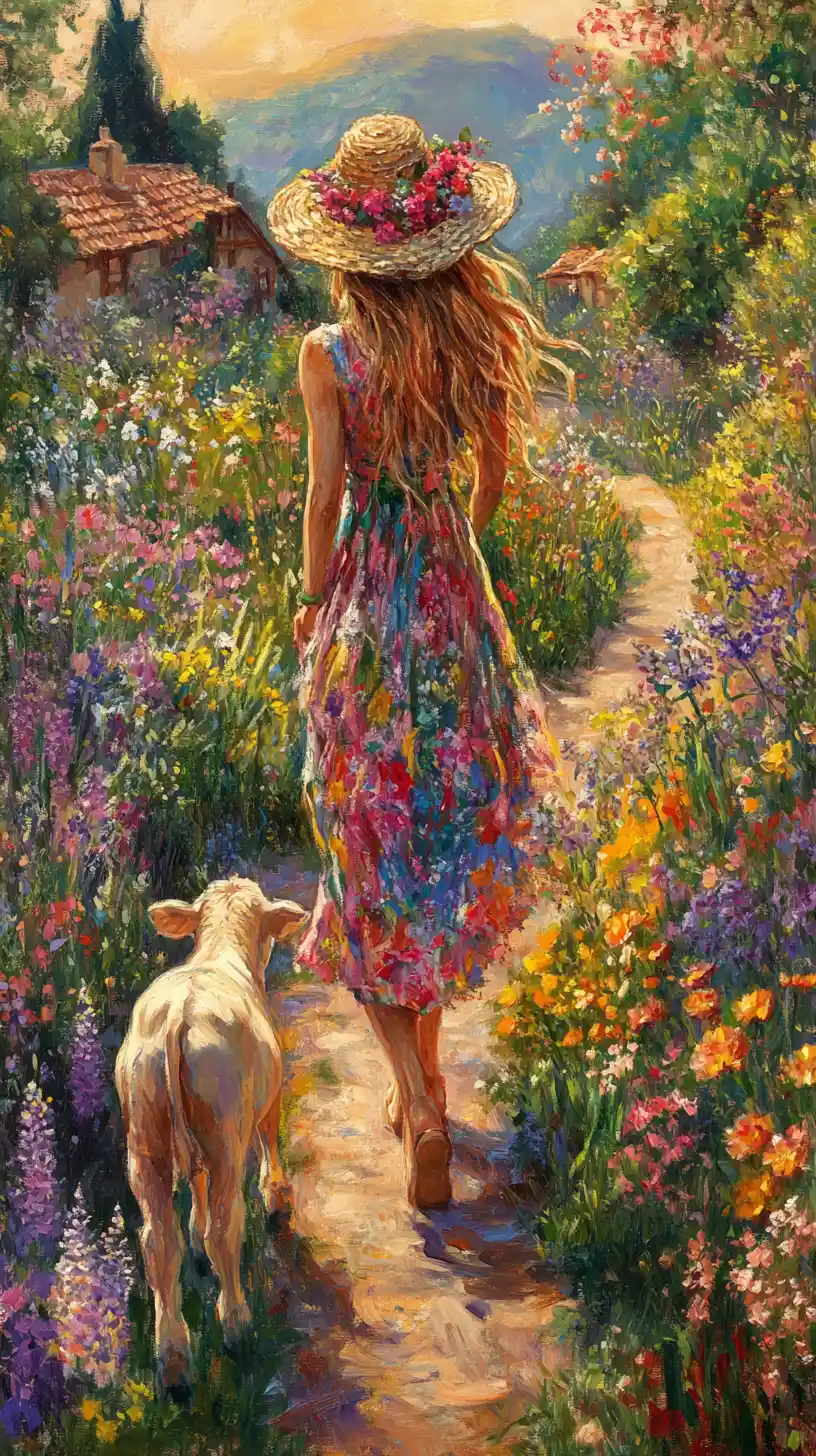Jeune femme marchant avec un veau sur un sentier de jardin fleuri
