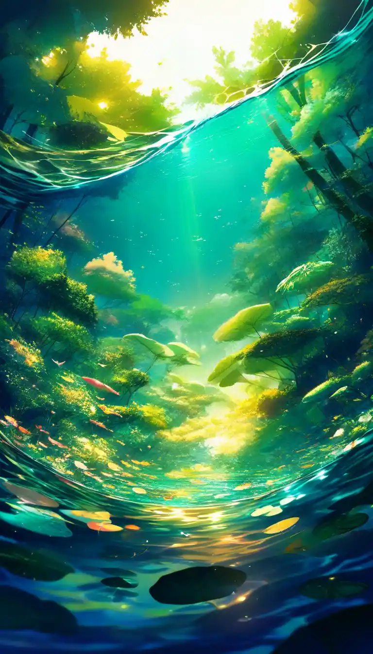Underwater plants and lily pads in shimmering sunlight