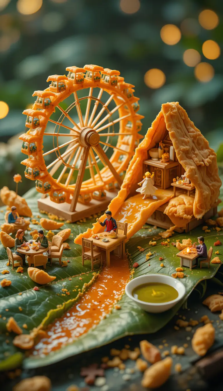 Miniature Ferris Wheel Food Wonderland On Dewy Green Leaf