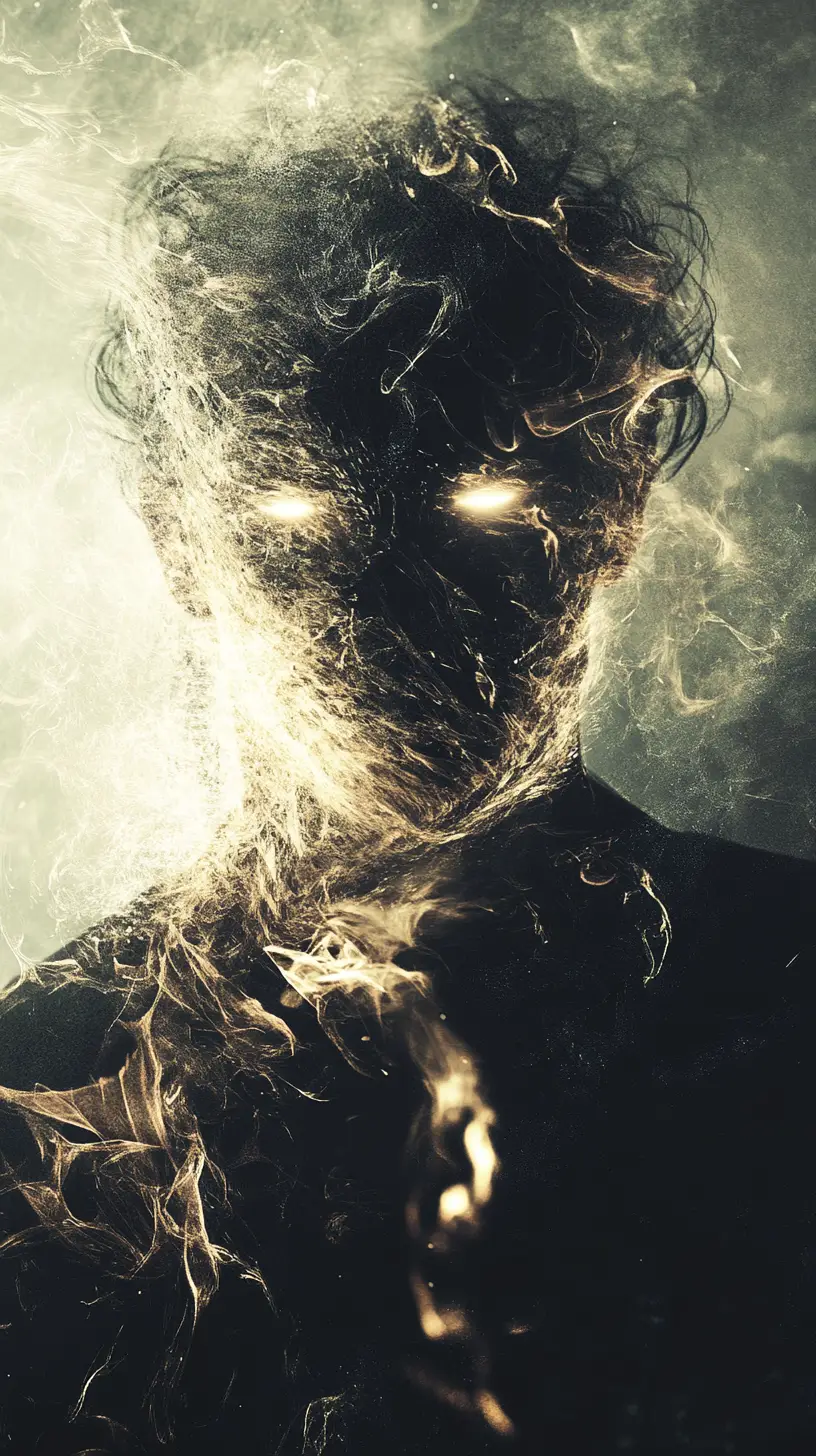 Intense cinematic portrait with dramatic double exposure effect
