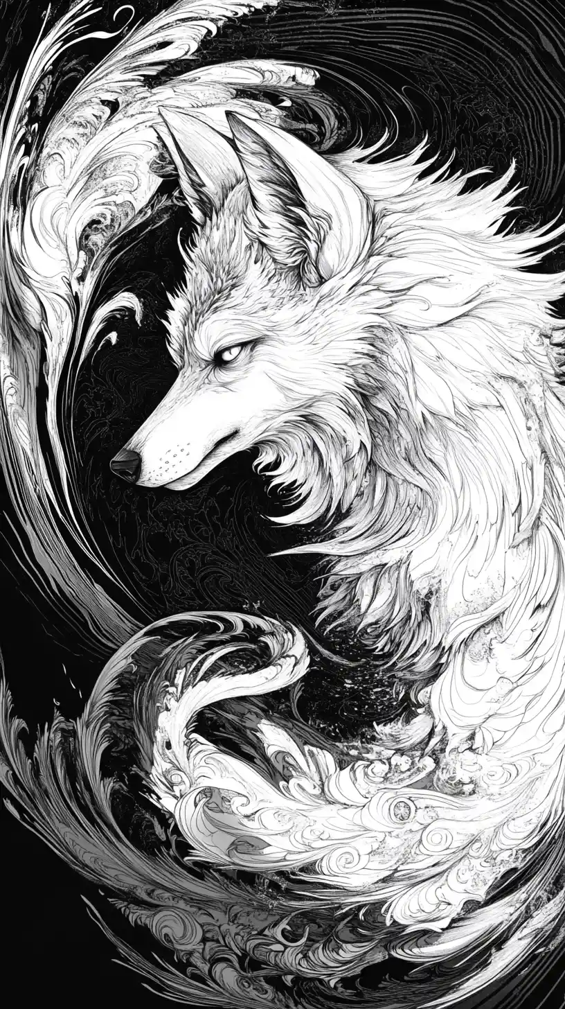 Anthropomorphic wolf in abstract yin yang energy vortex
