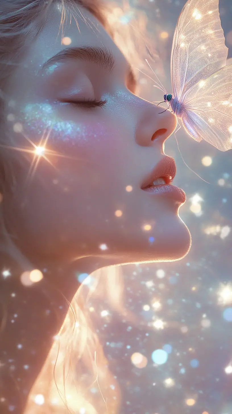 Ethereal woman with luminous butterfly in serene portrait