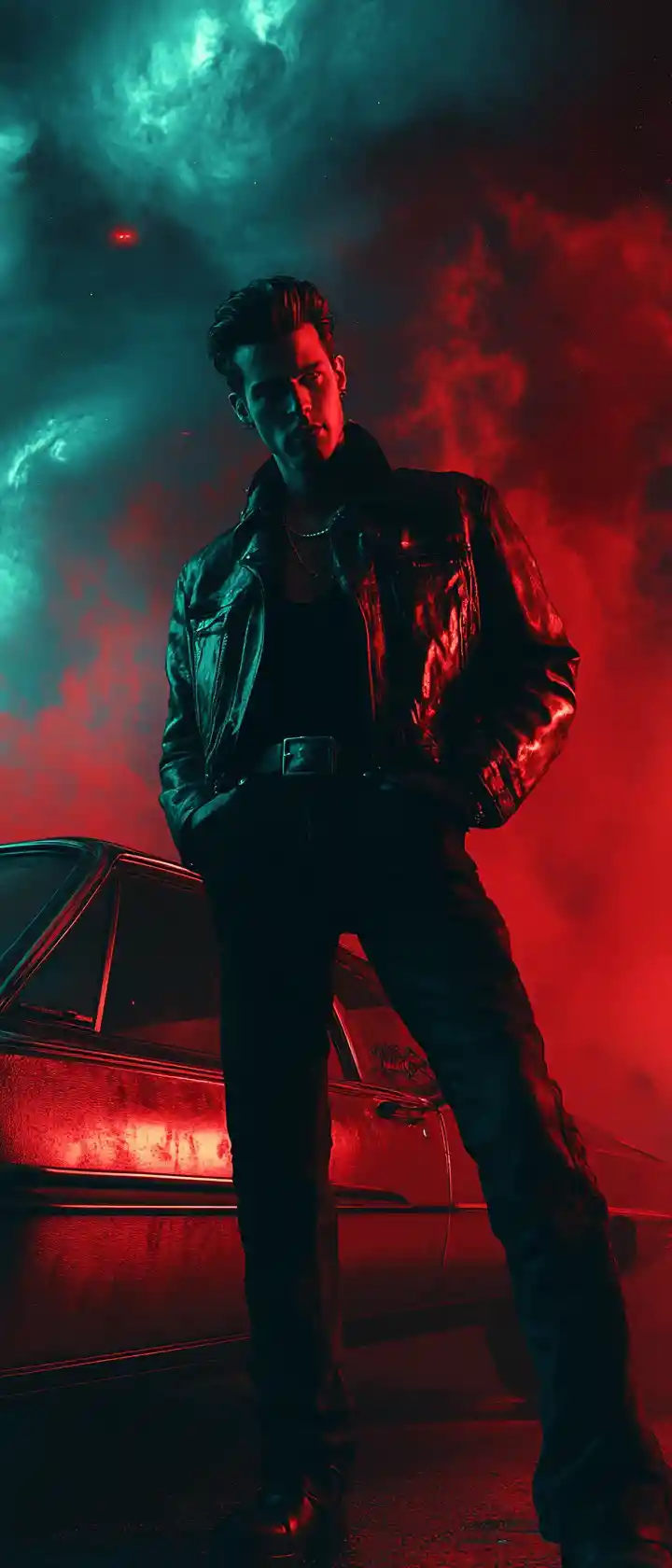 Greaser leaning on vintage car under cosmic storm