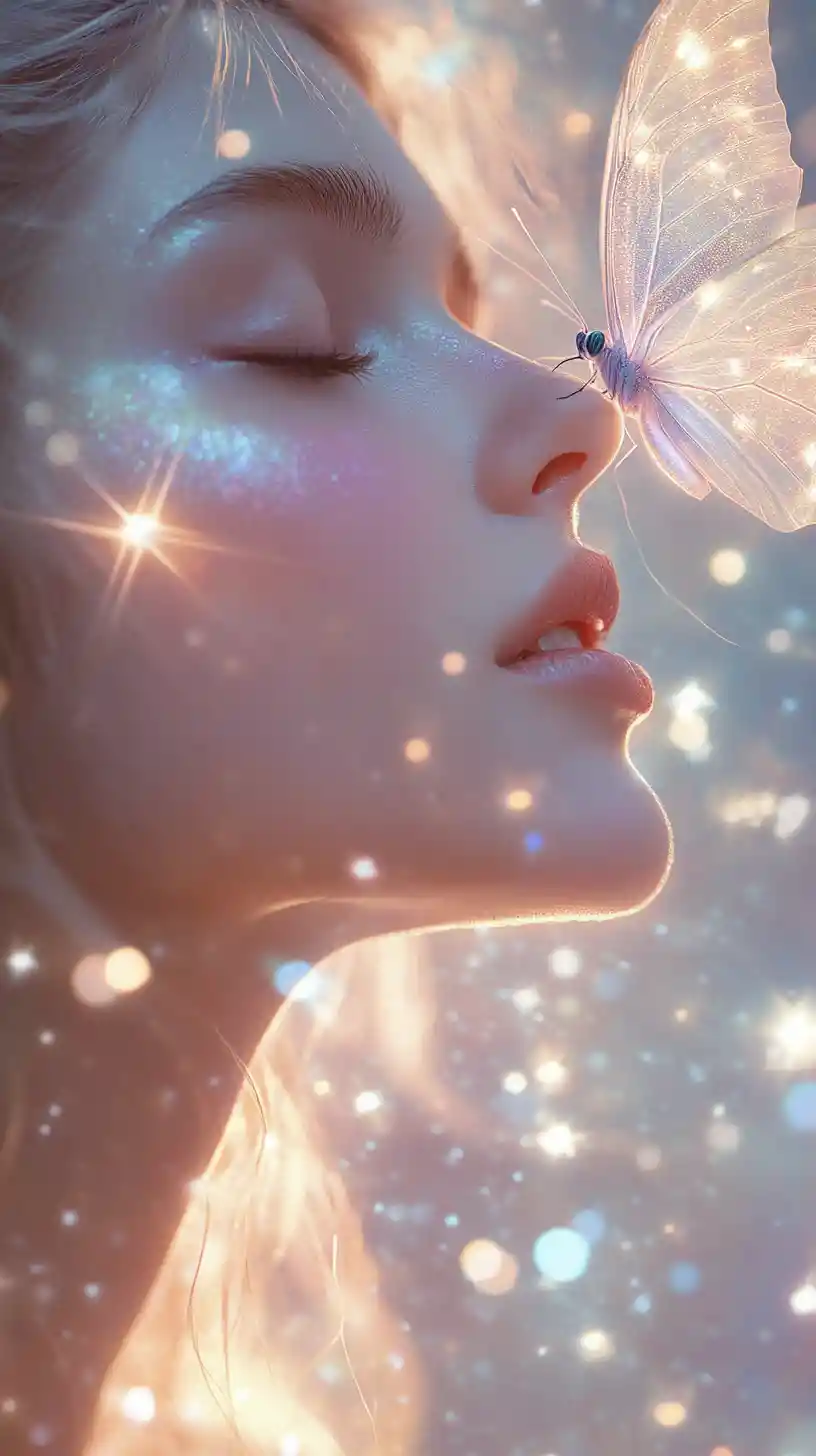 Ethereal woman with luminous butterfly in serene portrait