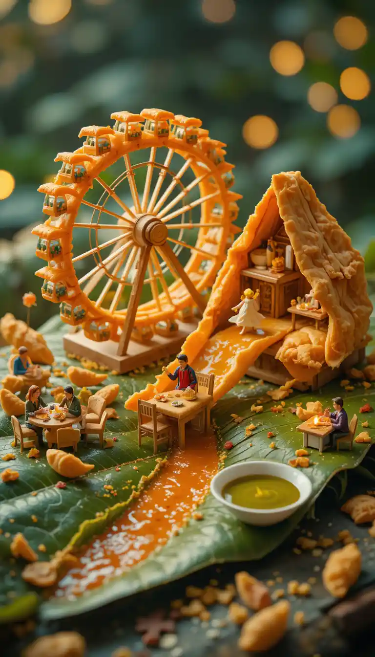 Miniatur-Riesenrad Food-Wunderland auf taufrischem grünen Blatt