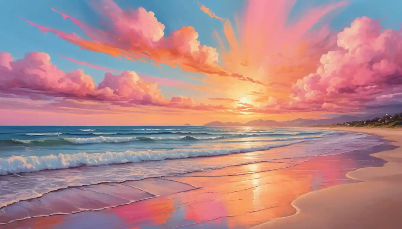 Spiaggia serena al tramonto con nuvole rosa e arancioni luminose