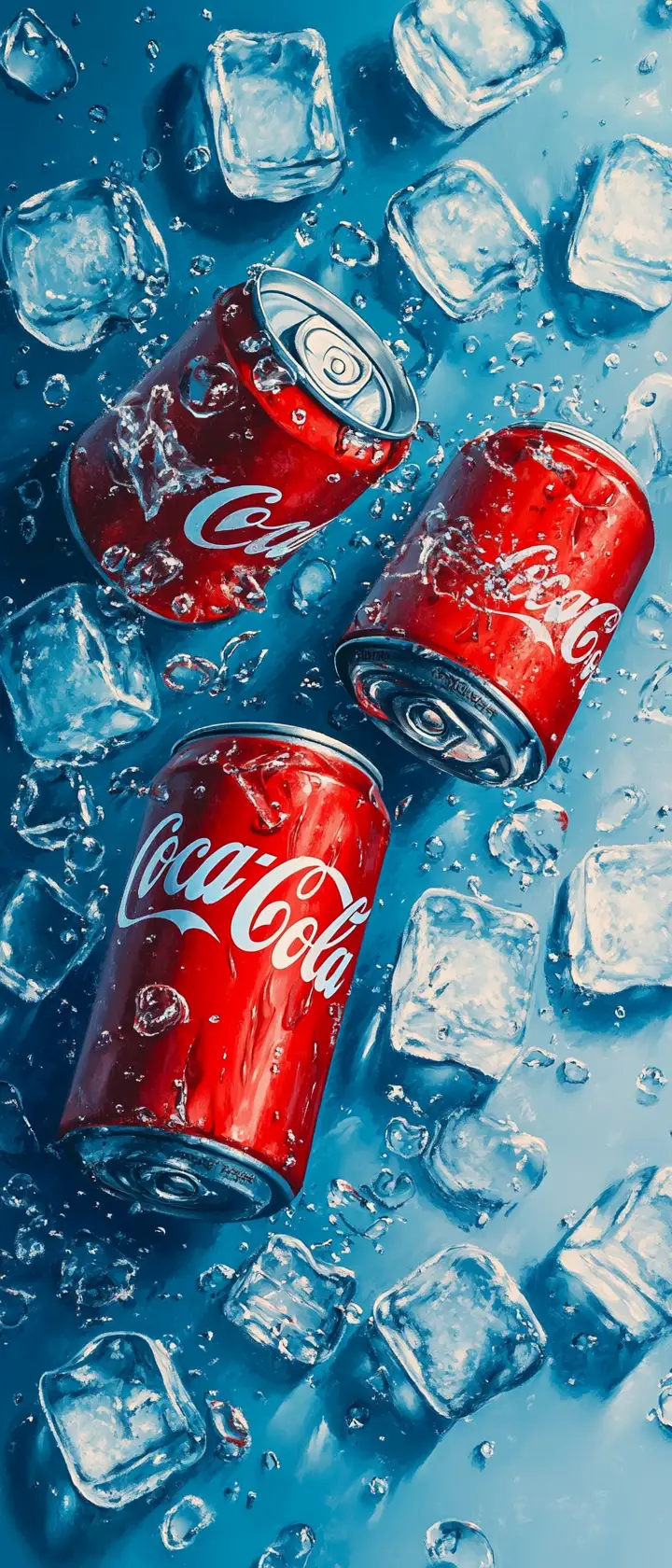 Refreshing cola cans and bottles packed in melting ice