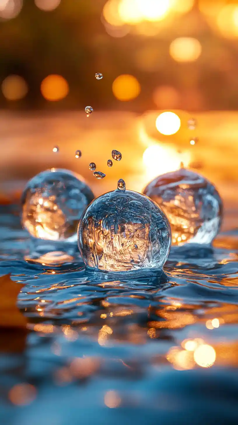 Drei Eiskugeln spritzen auf reflektierendes Wasser im Sonnenuntergang