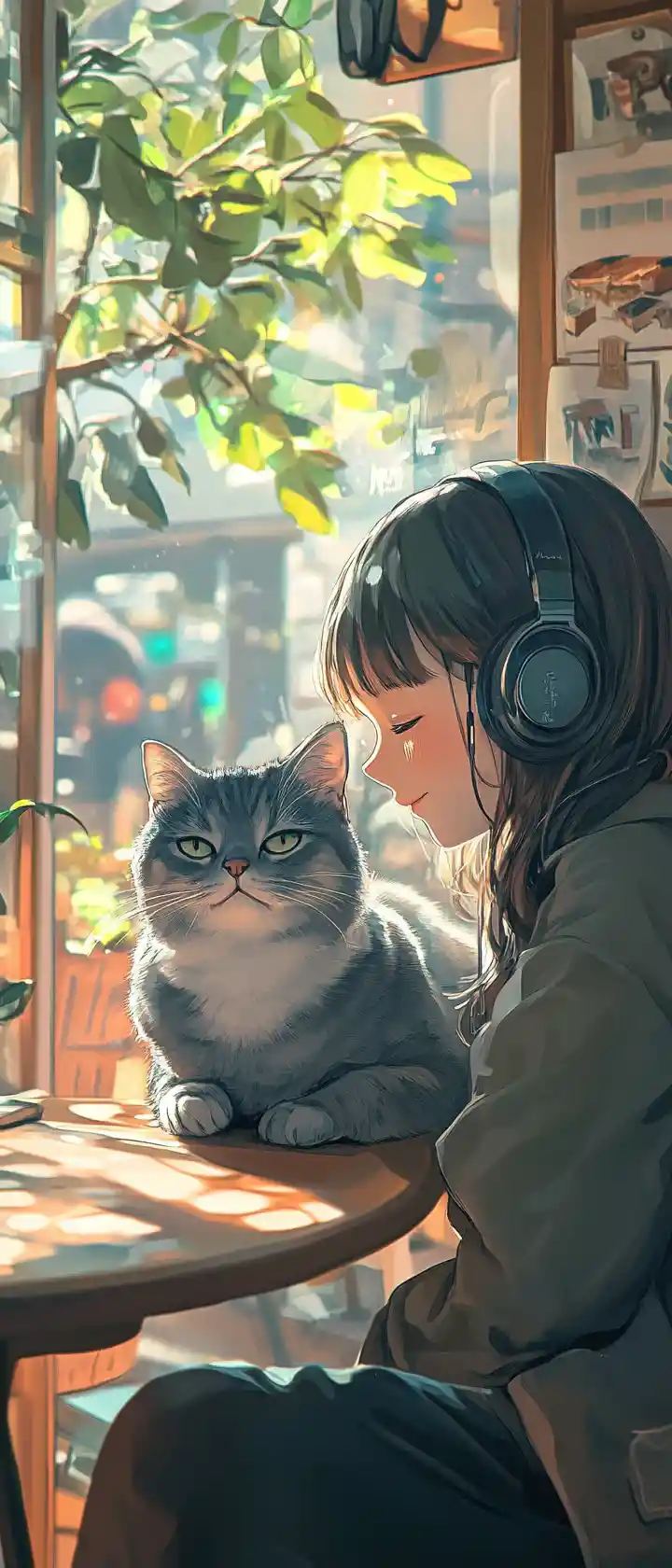 Anime girl and cat sharing headphones in cozy cafe