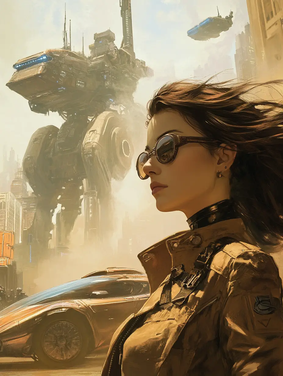 Steampunk woman beside futuristic supercar and combat robot