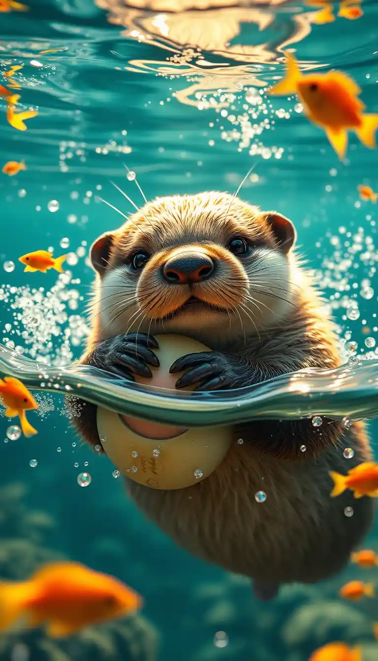 Playful baby sea otter with shell in sunlit underwater scene