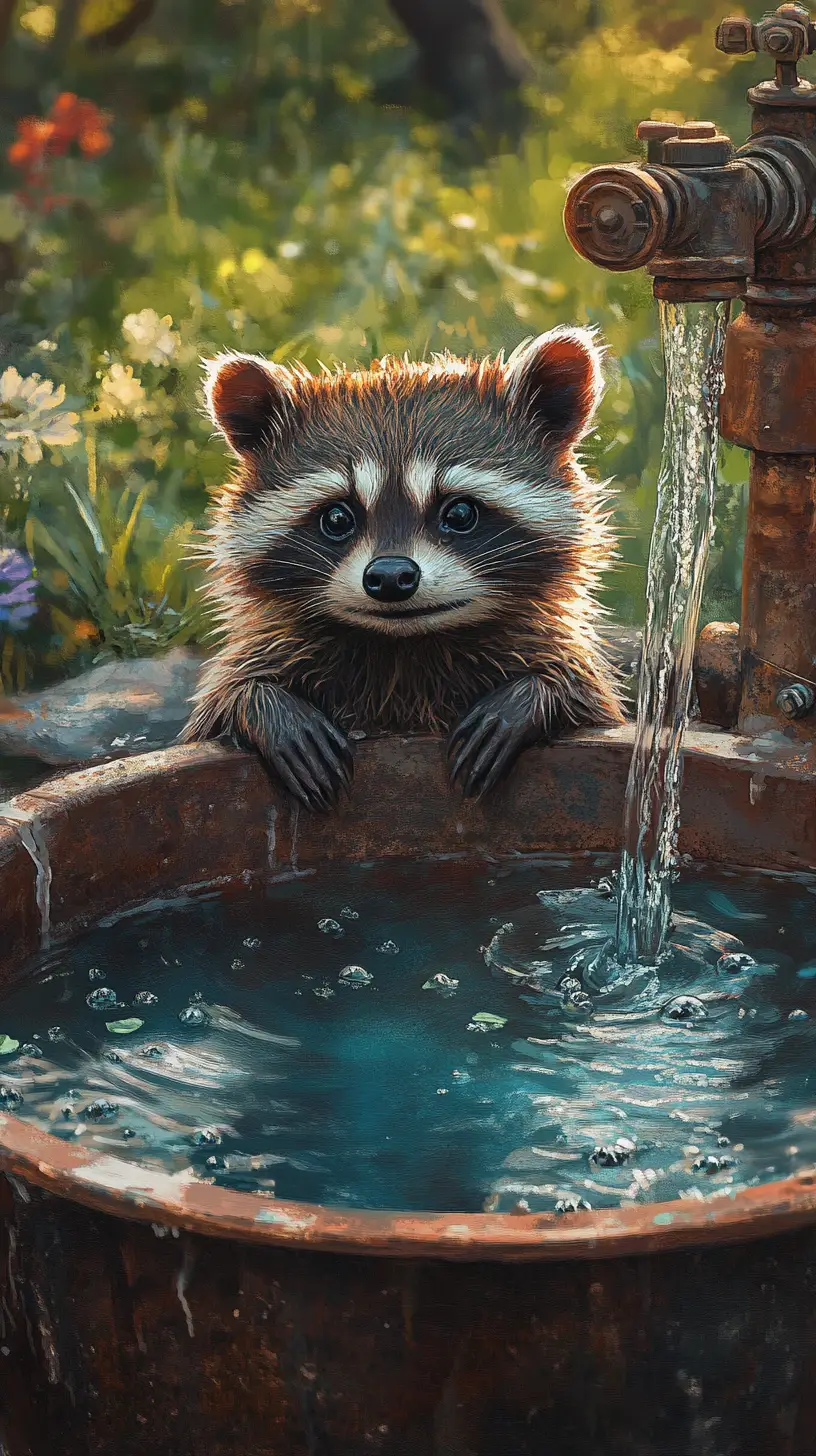 Cute raccoon bathing in a rustic teal water trough