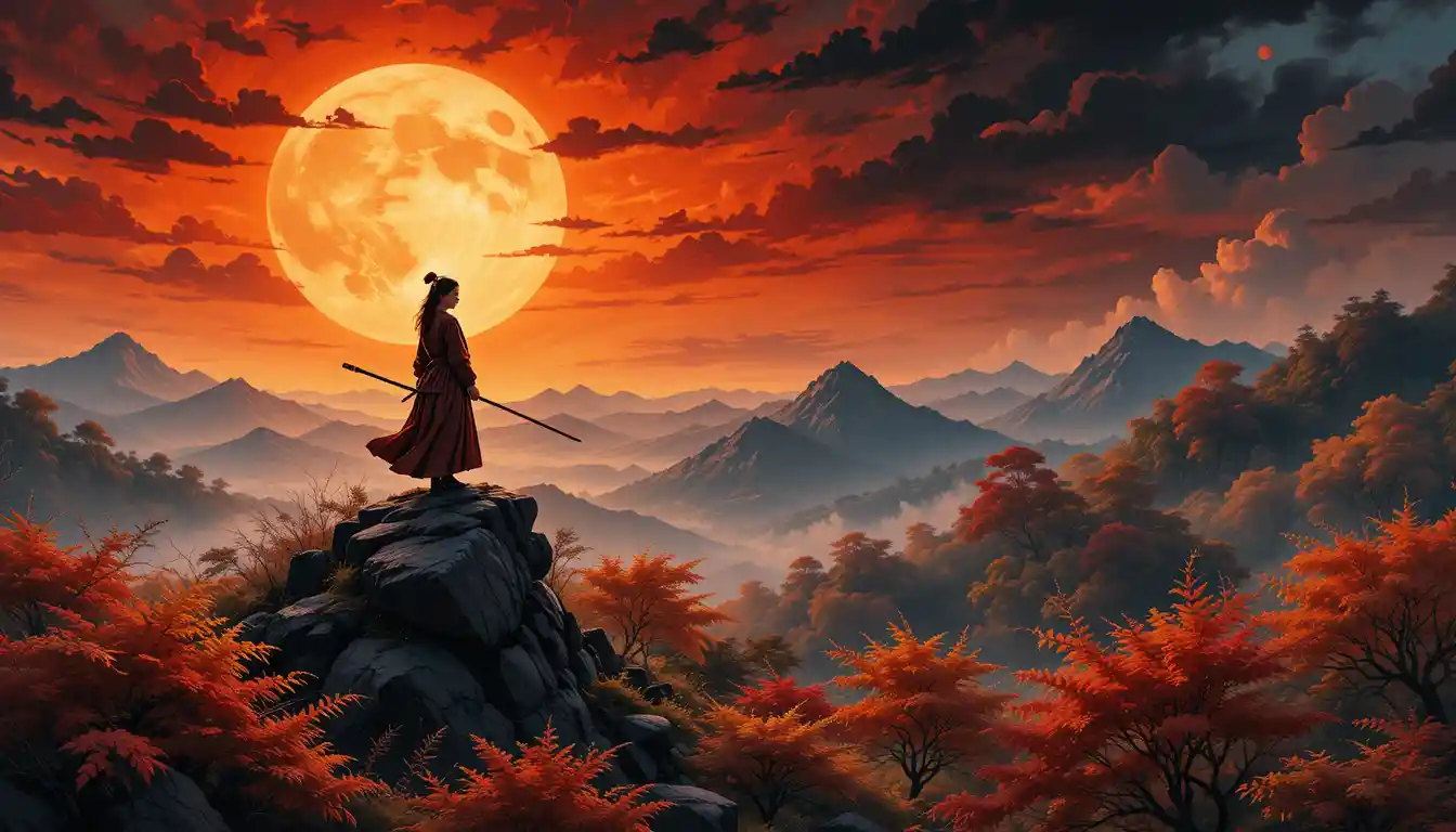 Woman Warrior Standing On A Hill Under A Red Moon