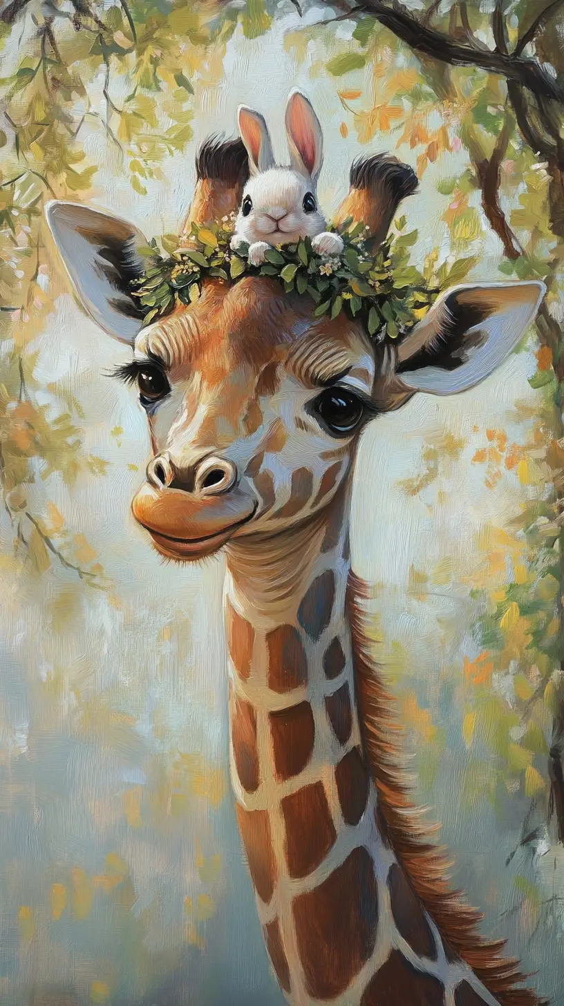 Whimsical close up oil painting of a giraffe and rabbit