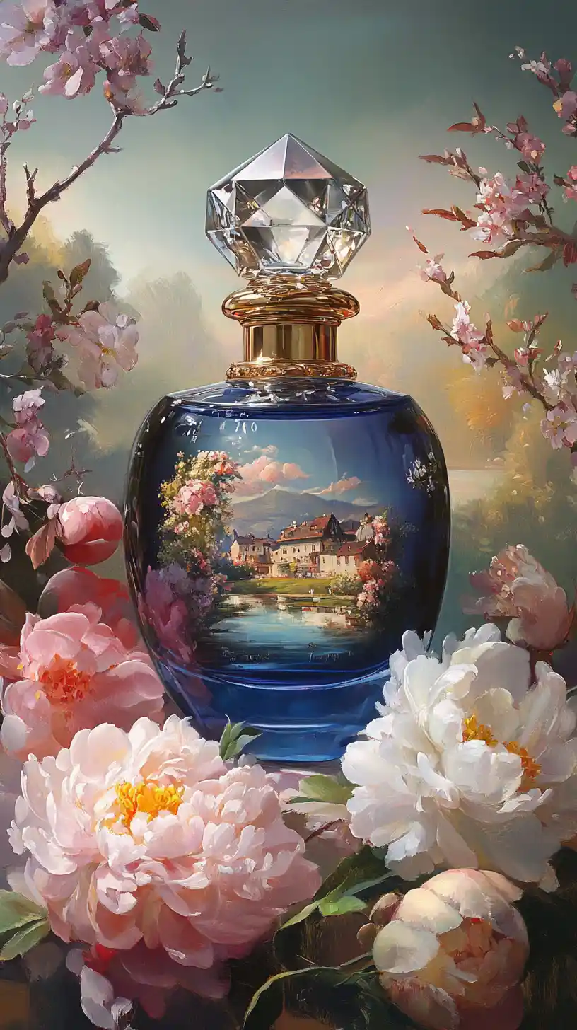 Natura morta con flacone di profumo blu e fiori