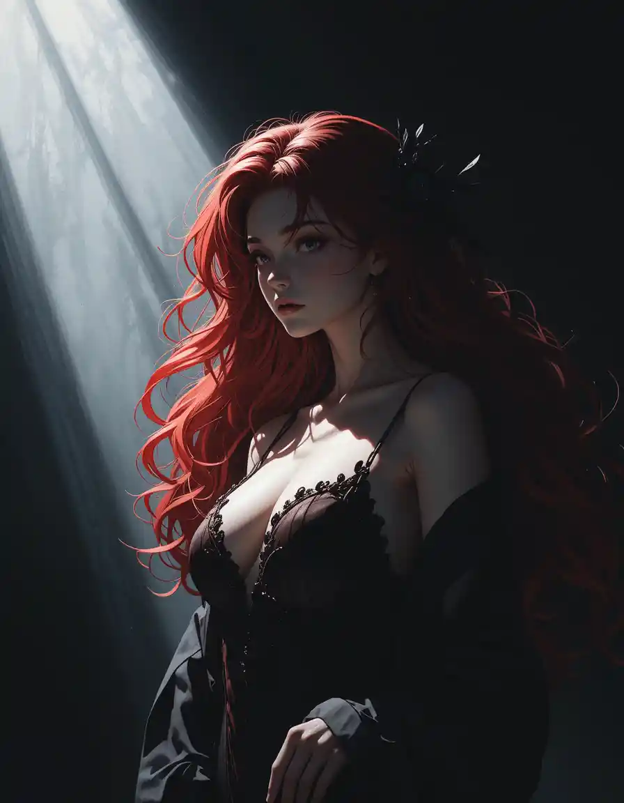 Dark anime goddess with cherry red wavy hair
