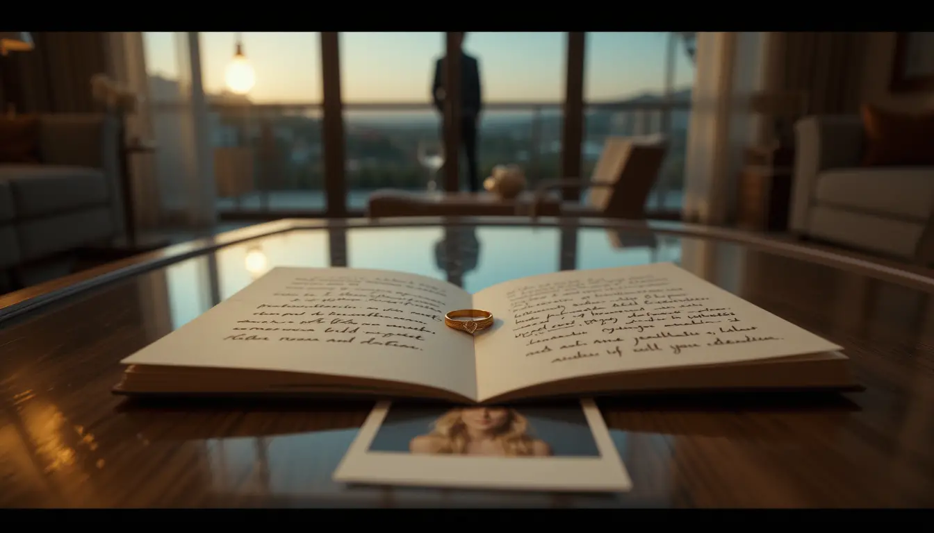 Close up of coffee table letter and wedding ring at dusk