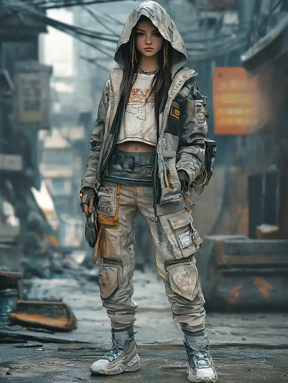 Young female warrior in futuristic urban street armor