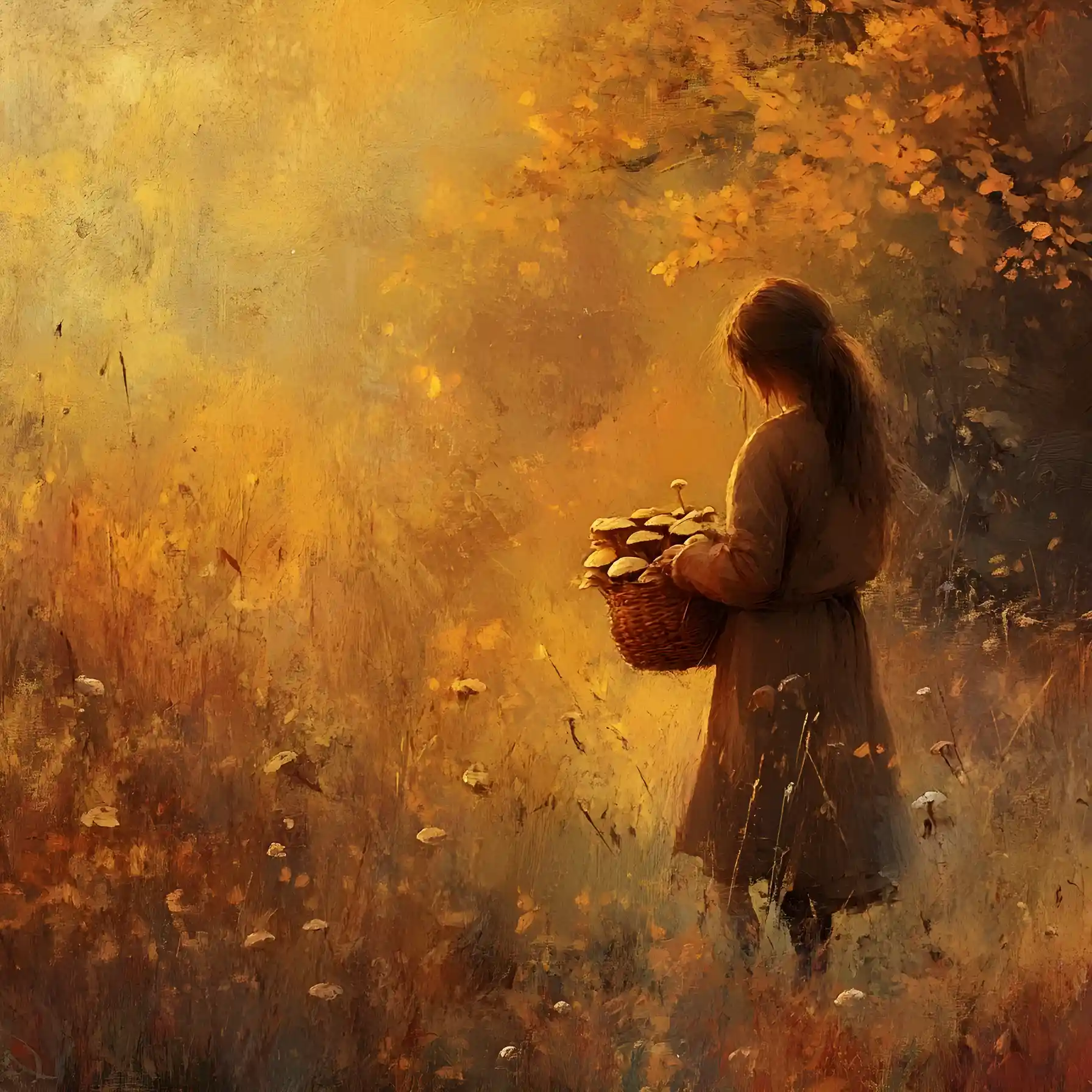 Woman picking mushrooms in a moody autumn forest close up