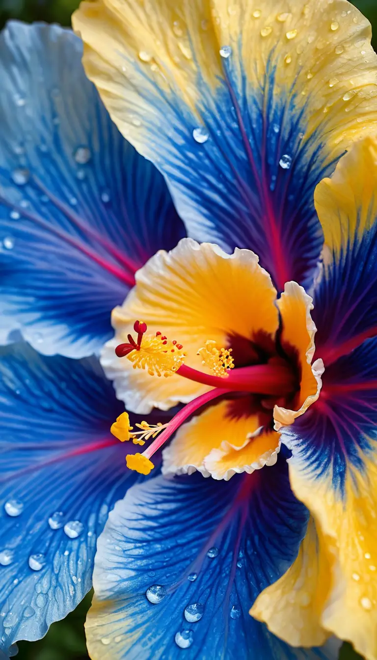 Blue hibiscus macro with dewdrops in warm morning light