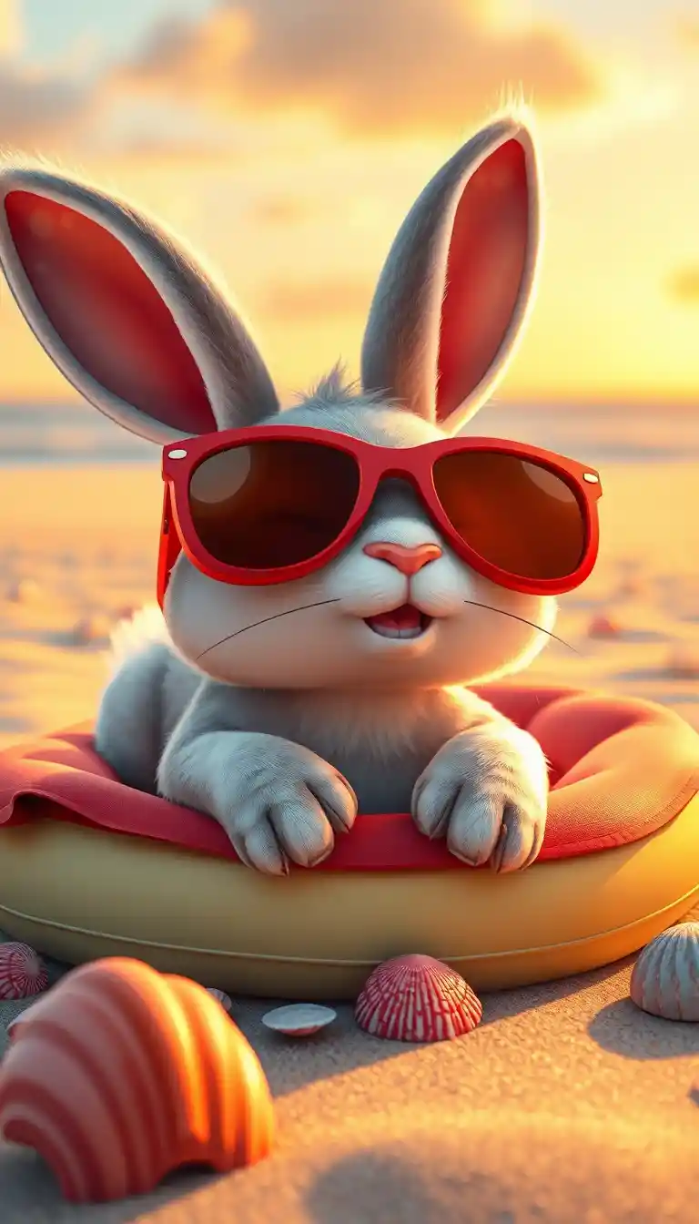 Cute rabbit on inflatable at sunset beach scene