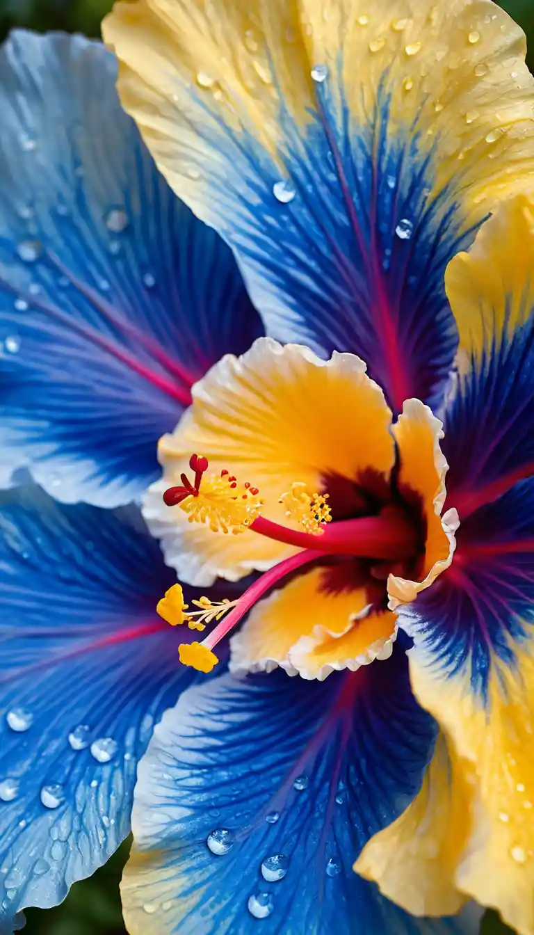 Blue hibiscus macro with dewdrops in warm morning light