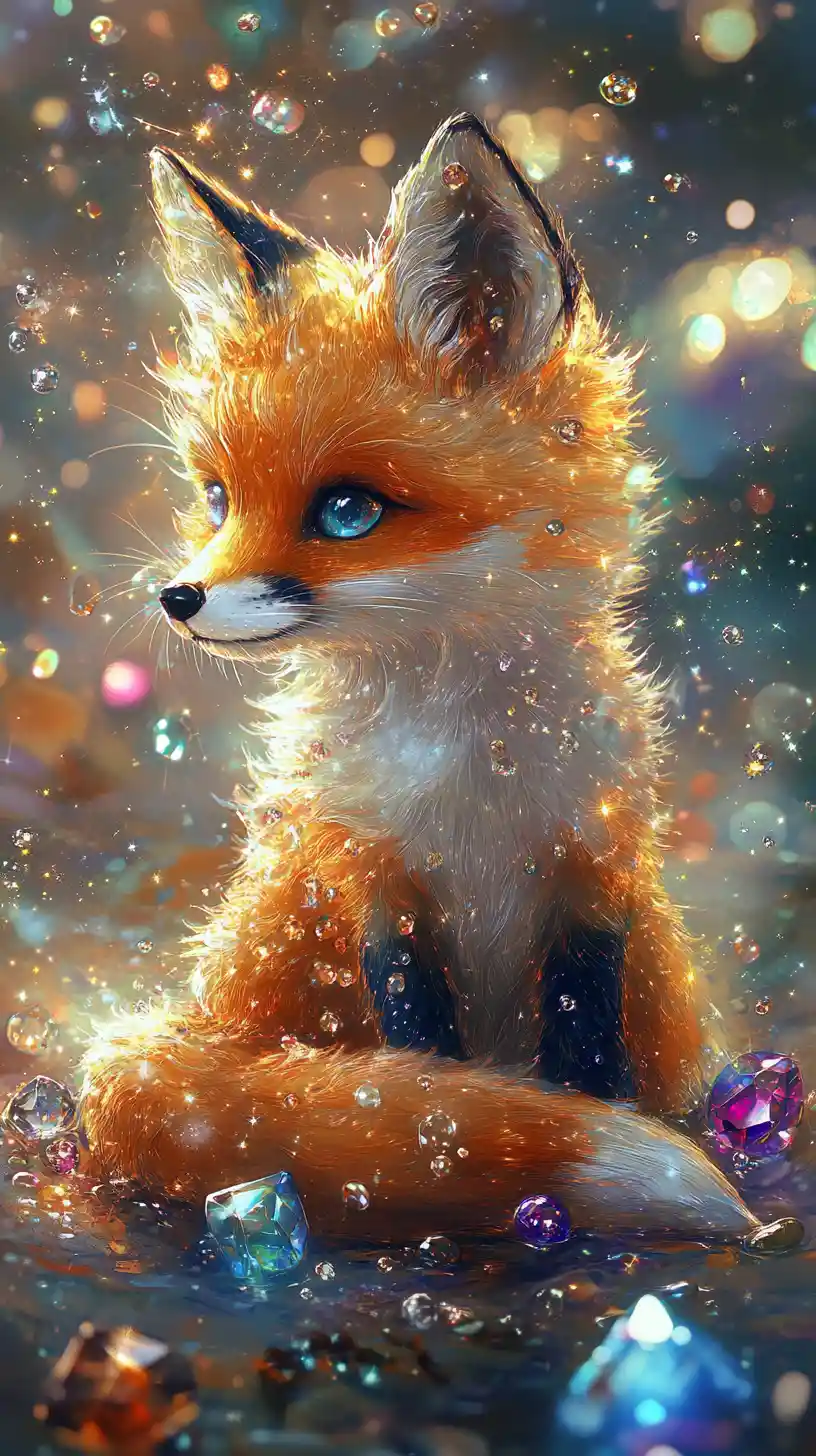 Cute fantasy fox sitting among glowing magical gemstones