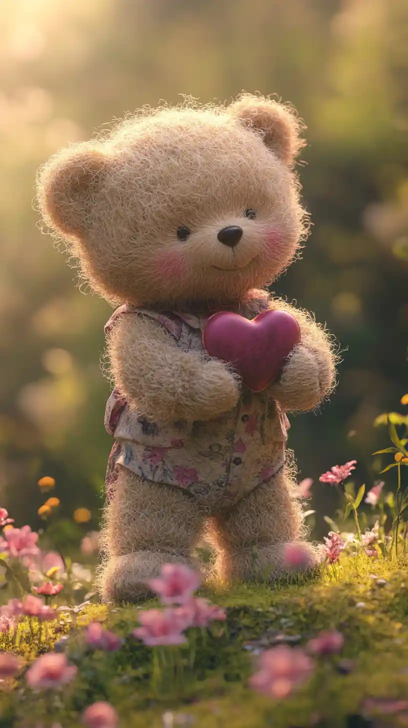 Cute teddy bear on a flower hill holding a heart