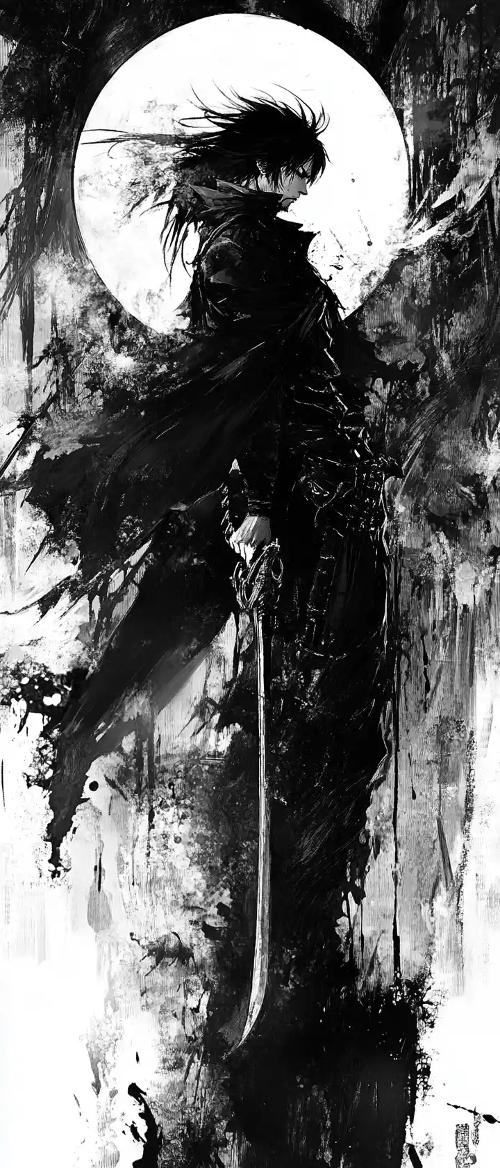 Guerriero manga dark fantasy in inchiostro bianco e nero