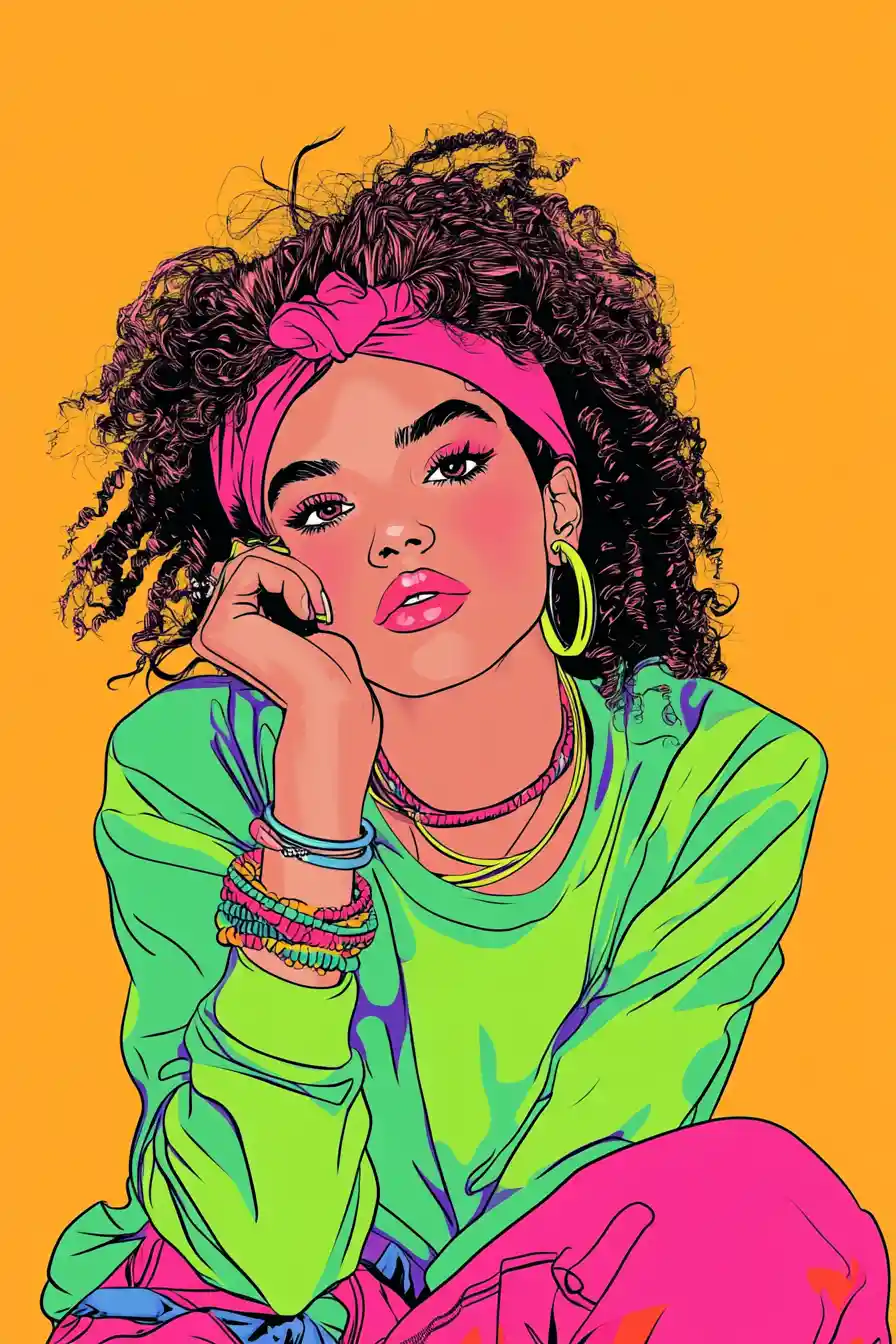 Fluorescent 1980s teen girl portrait with bold accessories