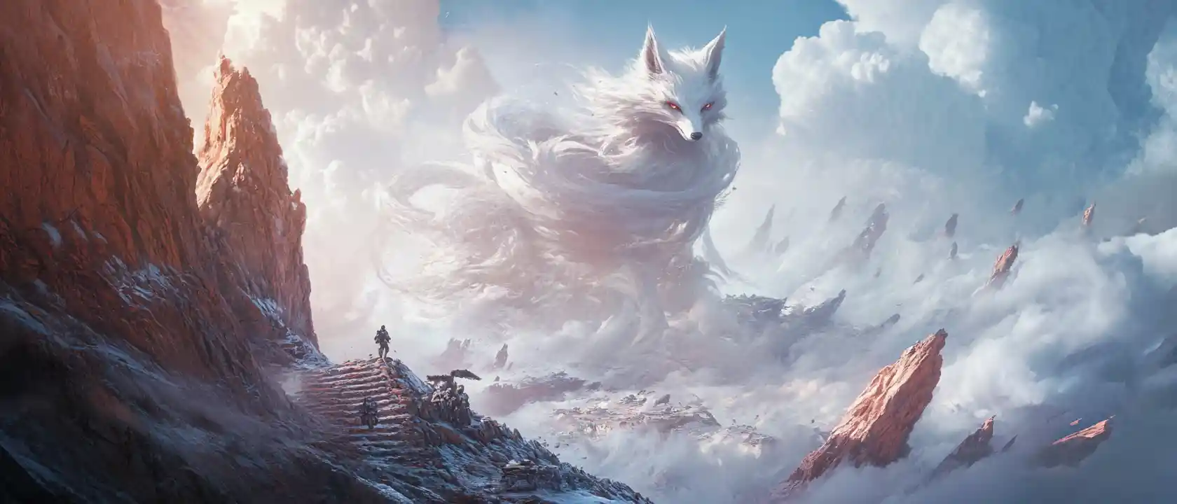 Colossal Nine Tailed Fox On Windswept Mountain Peak
