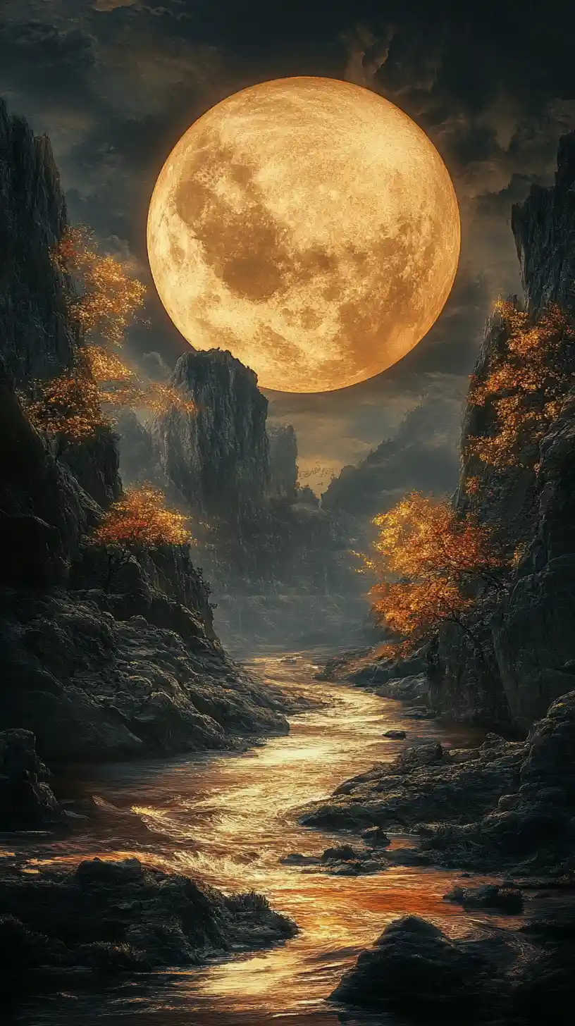 Golden moon over a mystical river in dark cliffs