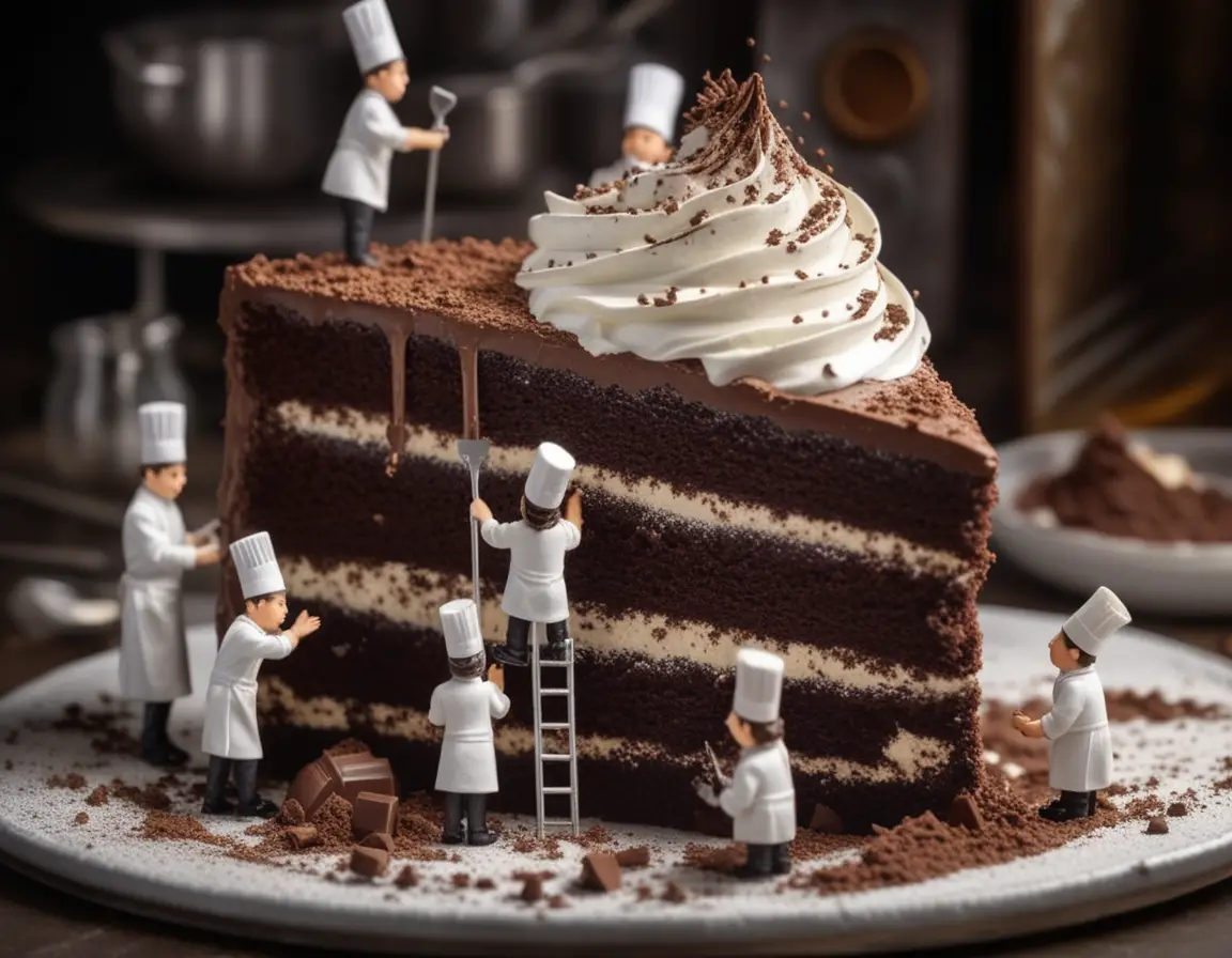 Tiny pastry chefs decorating a towering chocolate cake scene
