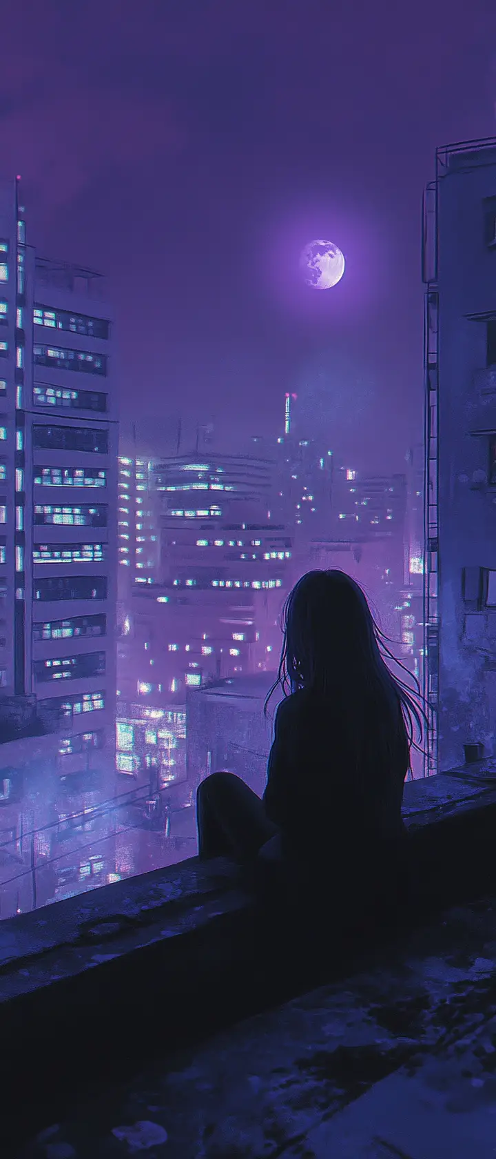 Anime girl on a quiet rooftop above a purple city