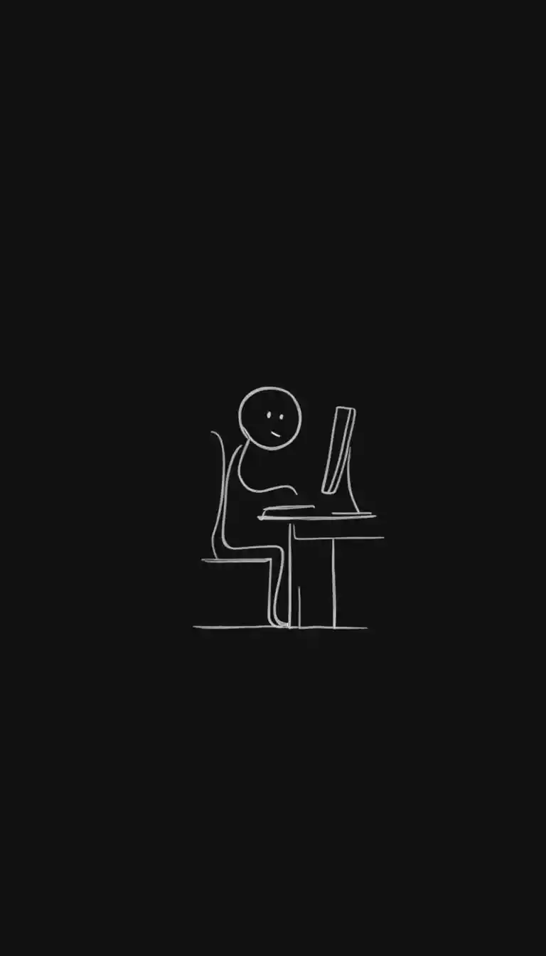 デスクトップパソコンで作業するミニマルな棒人間