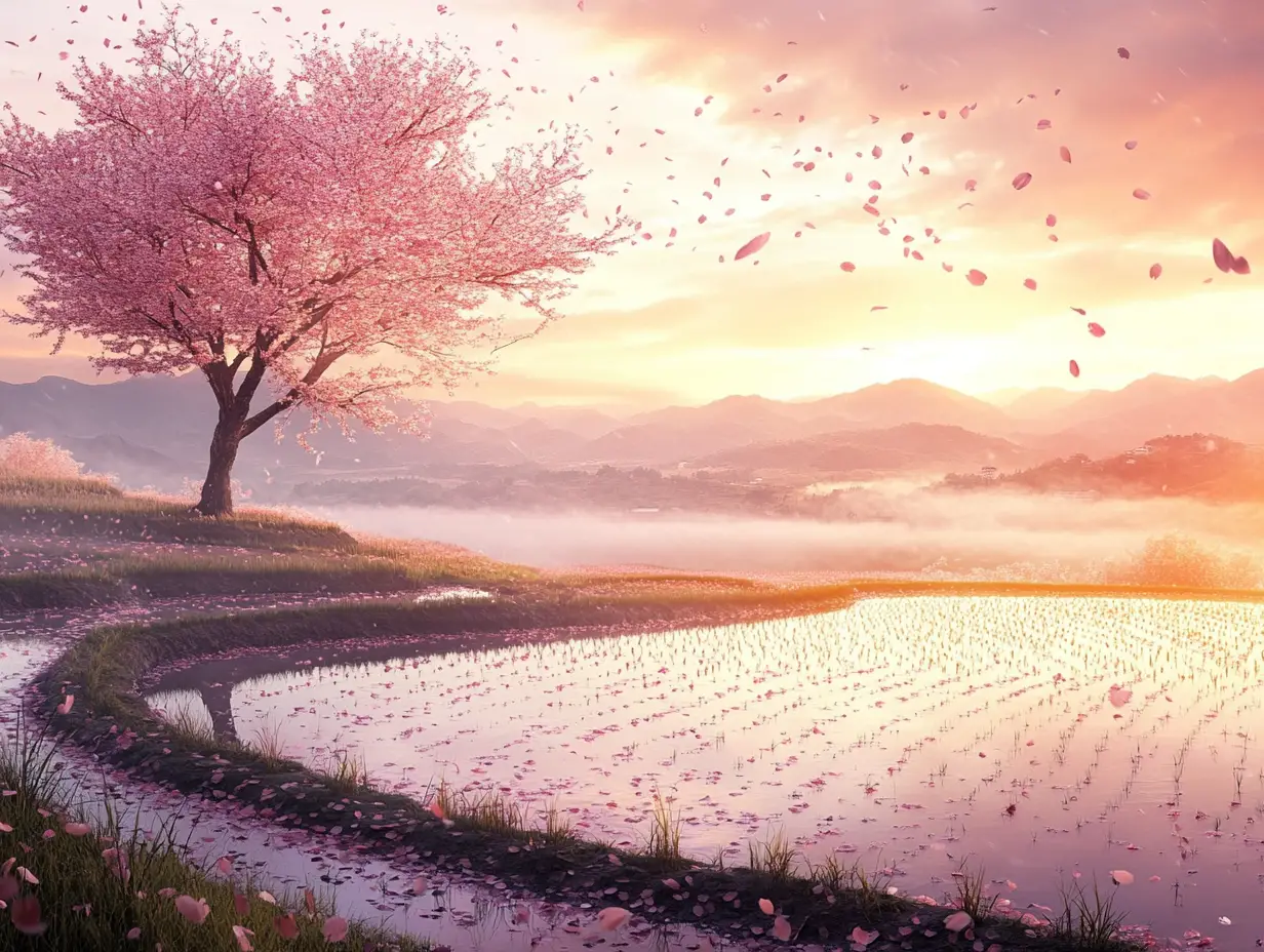 Cherry Tree Above Misty Rice Fields At Dawn