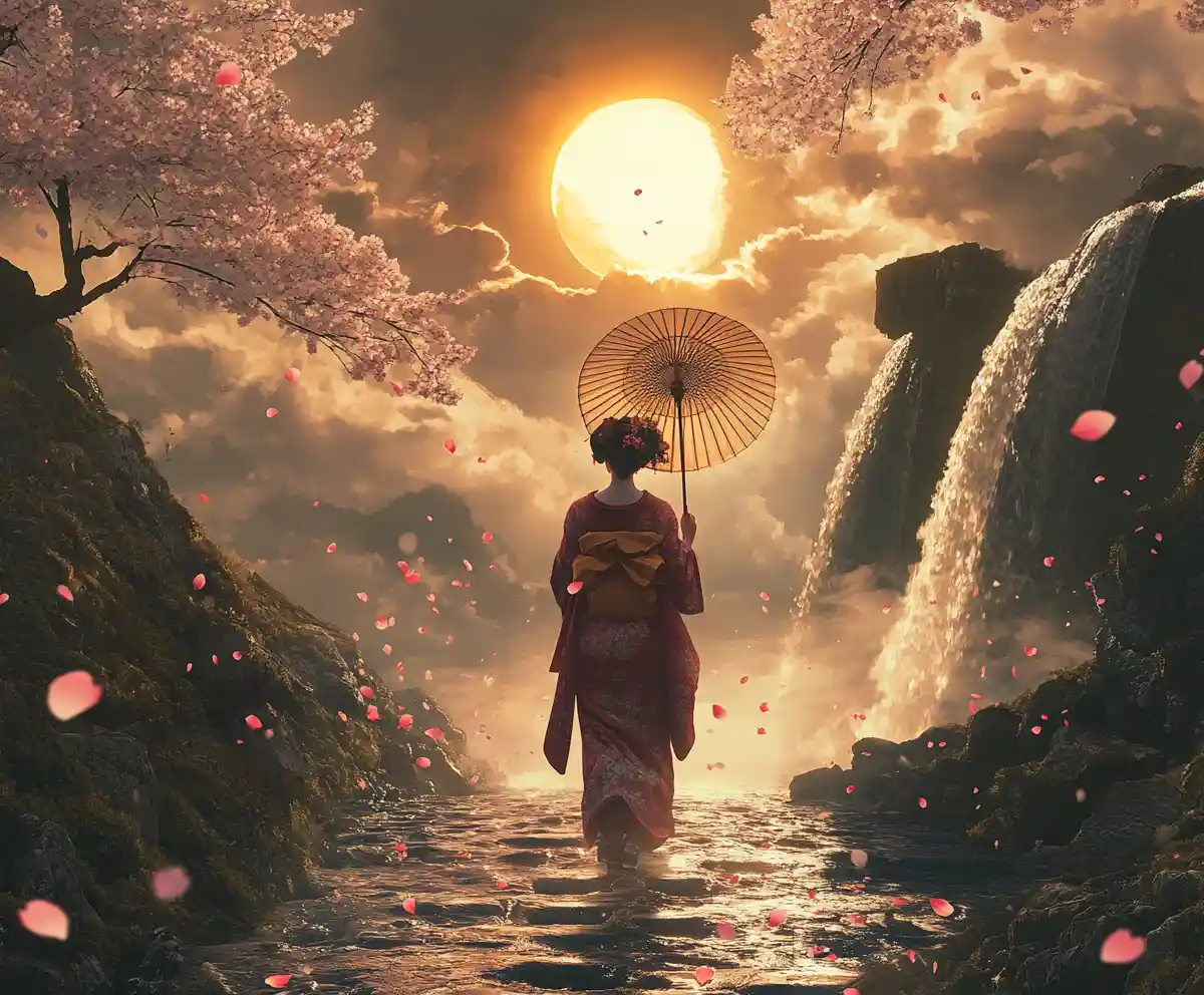 Geisha Walking Up An Inverted Waterfall With Umbrella